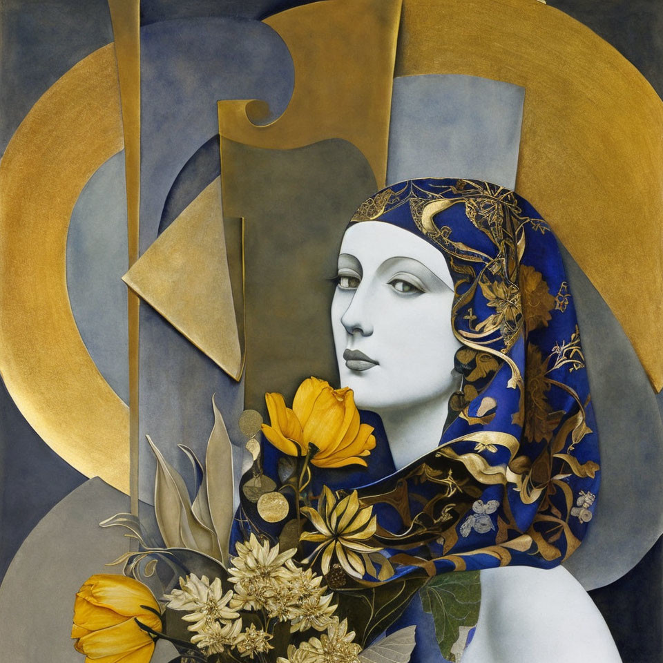 Stylized portrait of woman with blue and gold headscarf and geometric shapes on blue background