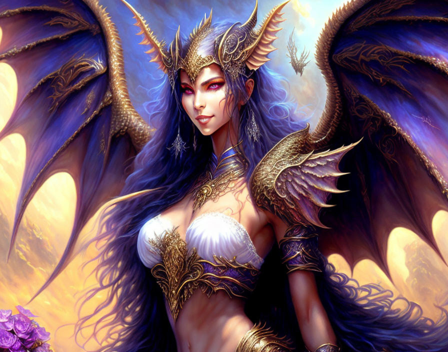 Majestic female figure with dragon-like wings and purple hair in warm glowing setting