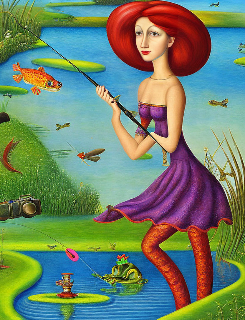 Red-haired woman fishing in vibrant fantasy landscape with frog and bugs