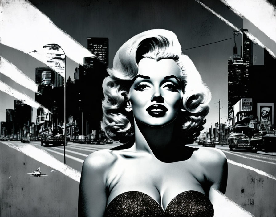 Monochrome illustration of glamorous woman in vintage style against urban backdrop