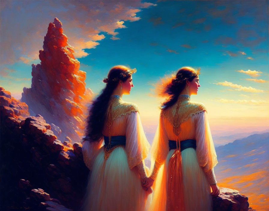 Ethereal women in white dresses on cliff at vibrant sunset