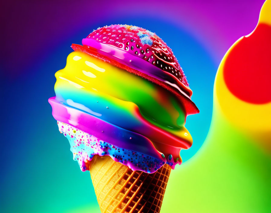 Multicolored ice cream cone on abstract background with sprinkles