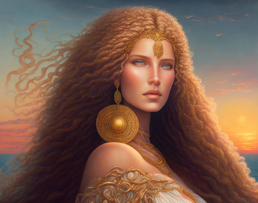 Woman with curly hair and blue eyes in digital painting against sunset sky