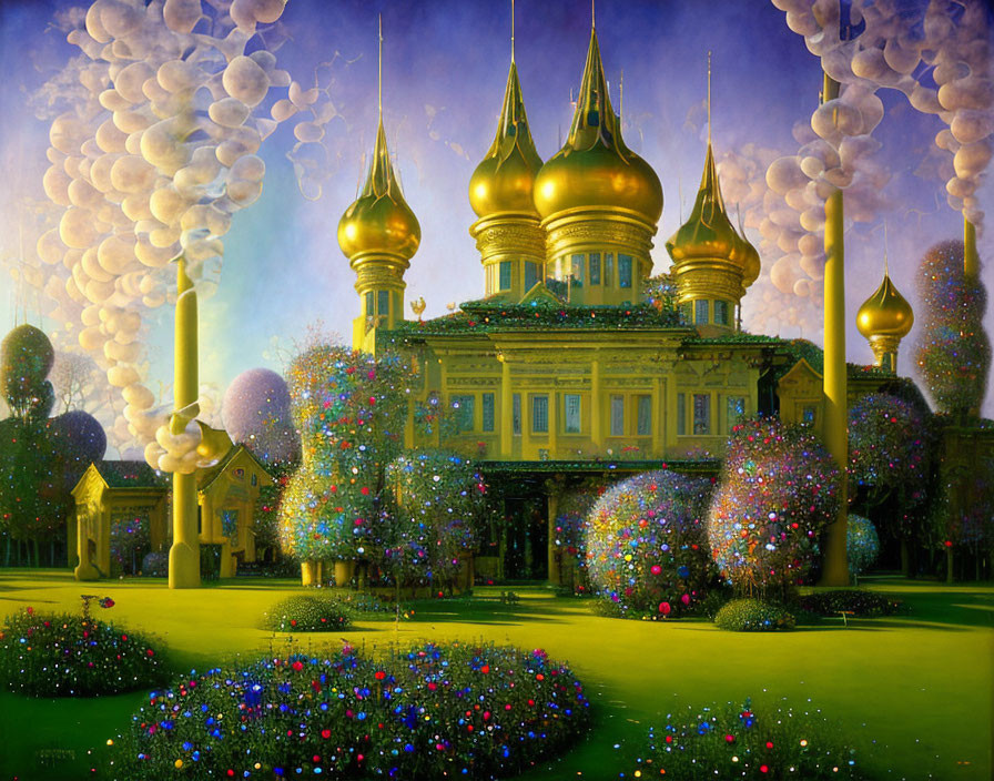 Vibrant painting of golden-domed building and colorful bubble trees