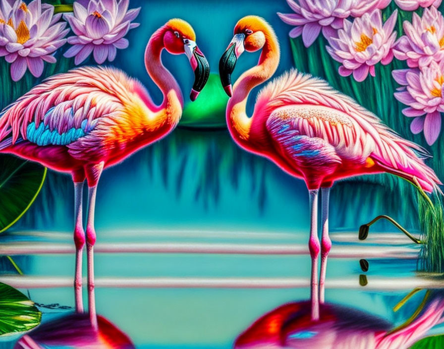 Vibrant flamingos in shallow water surrounded by pink lotus flowers