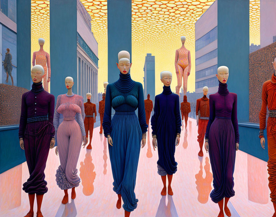 Surreal artwork: Faceless humanoid figures in stylish outfits on orange backdrop