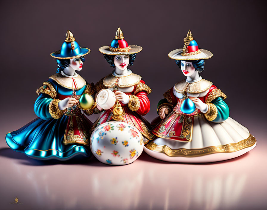 Three traditional porcelain dolls in decorative attire against gradient background