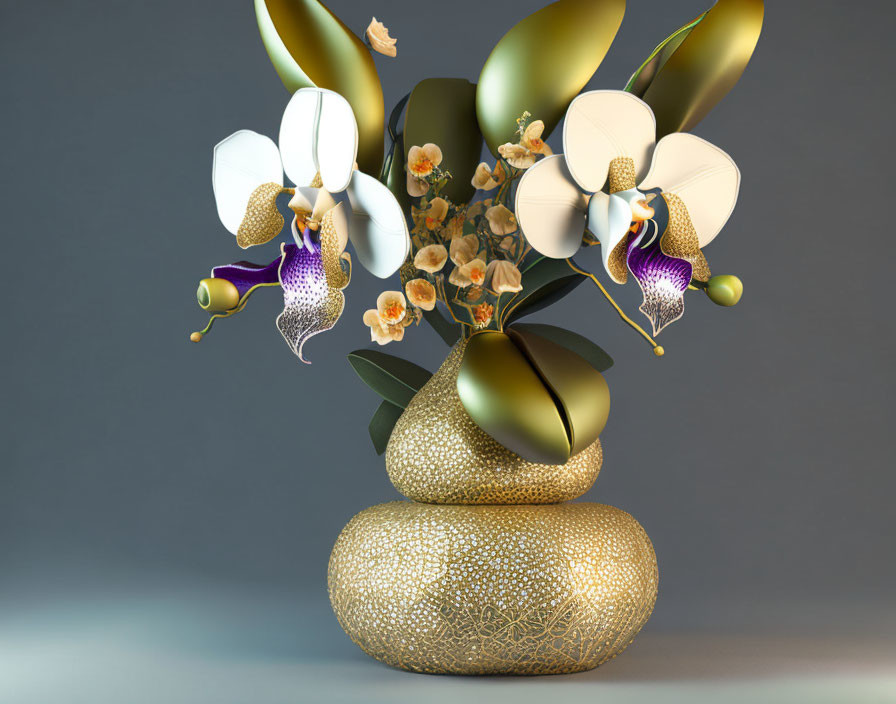 Stylized gold vase with white orchids and orange flowers in 3D rendering