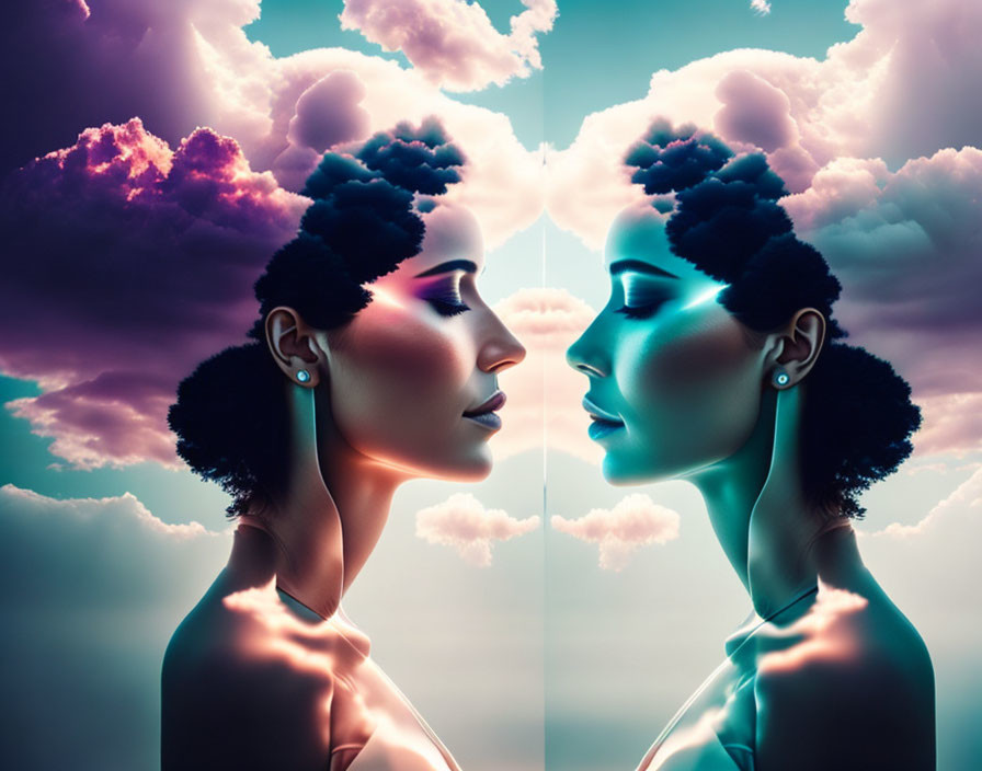 Woman's reflection with cloud hair in twilight sky.