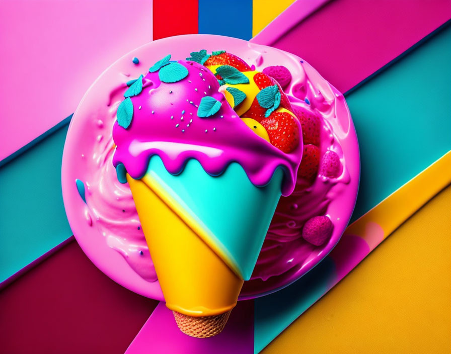 Colorful Melting Ice Cream Cone with Pink Topping and Strawberries on Striped Background