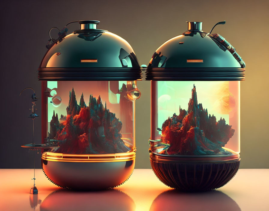 Futuristic glass domes with miniature landscapes and intricate lighting