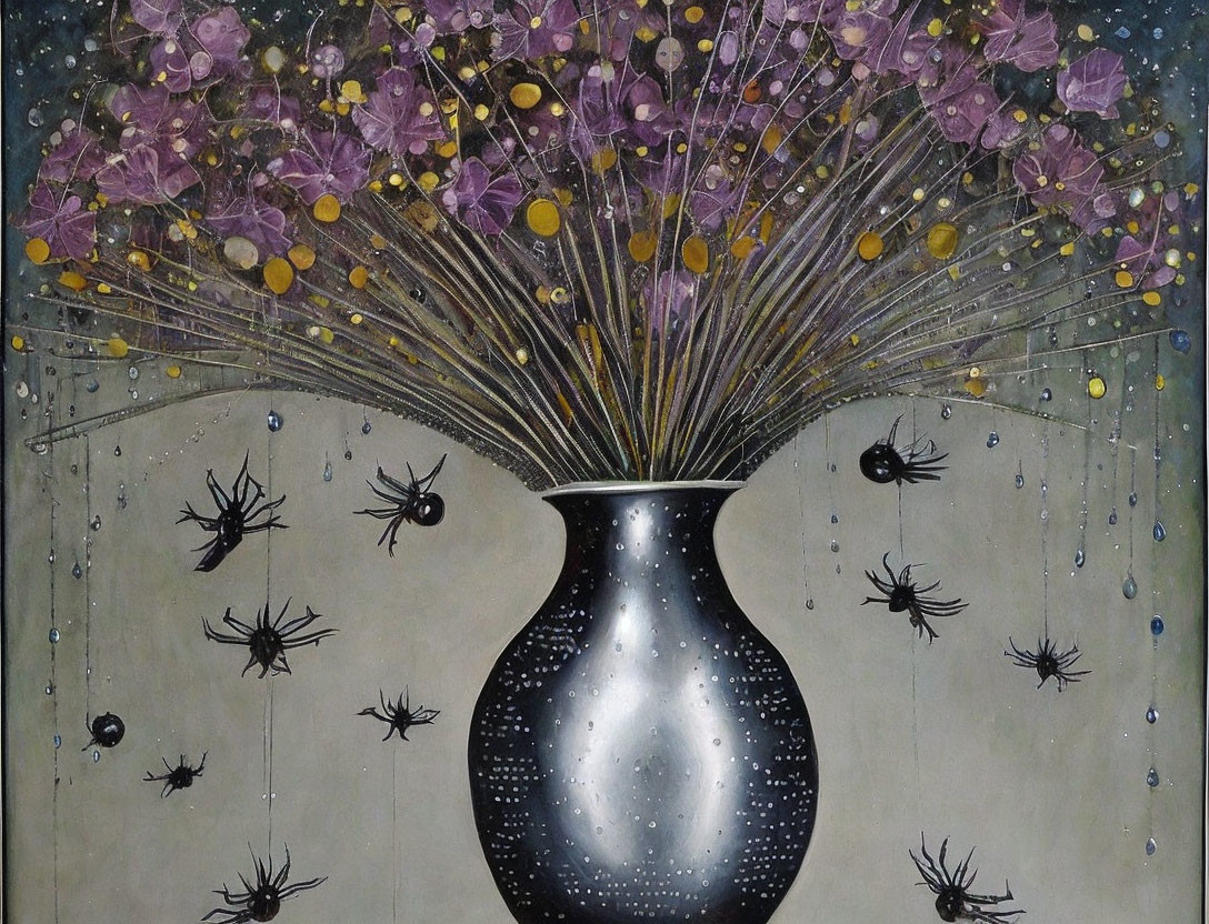 Stylized painting of dark vase with purple flowers, yellow dots, spiders, and dewdrops