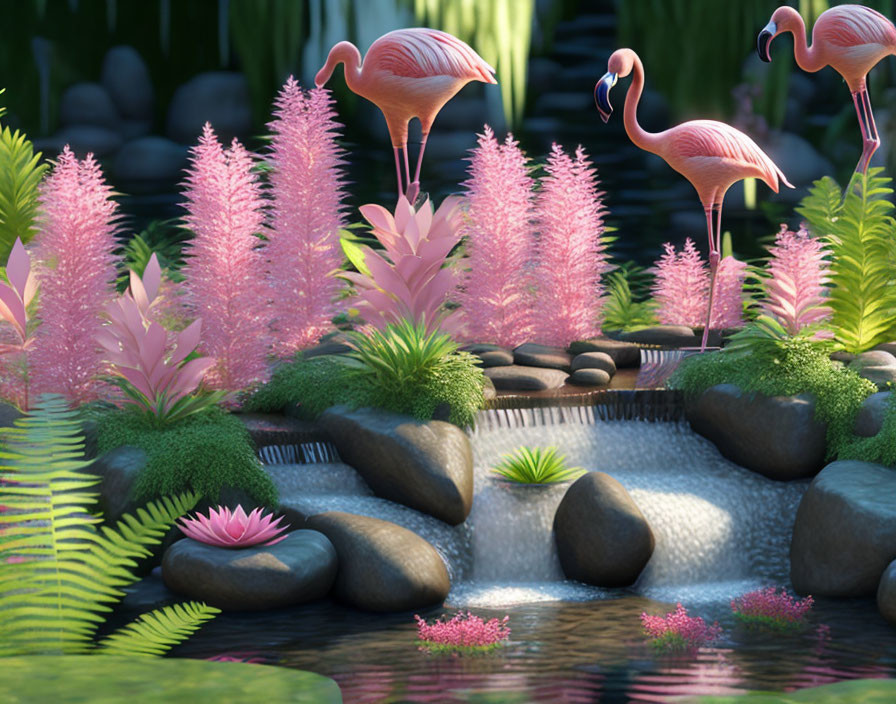 Tranquil garden scene with pink flamingos and lush foliage