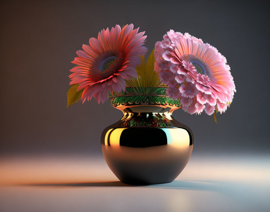 Vivid pink flowers in golden vase on gradient background