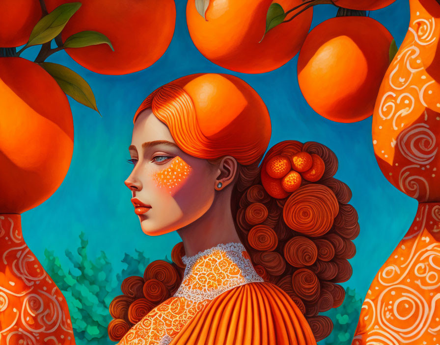 Surreal portrait of a woman with orange-themed elements on blue background