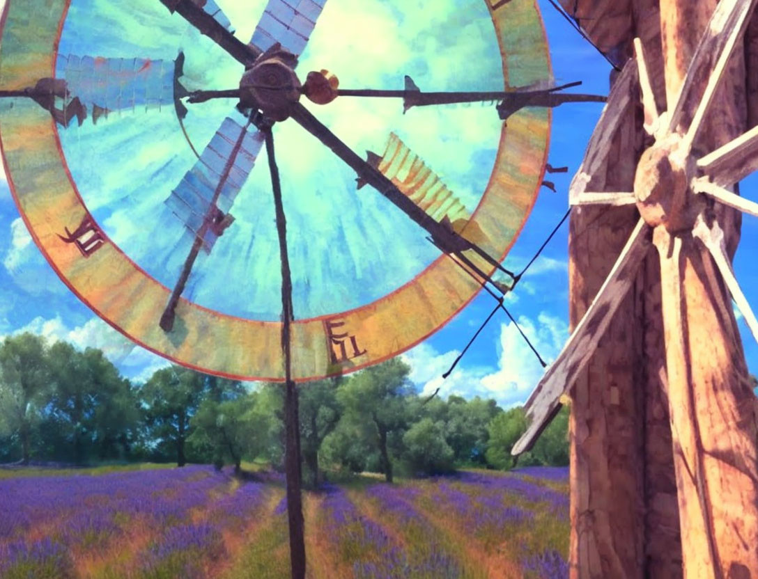 Detailed painting of wooden windmill in lavender field with blue skies