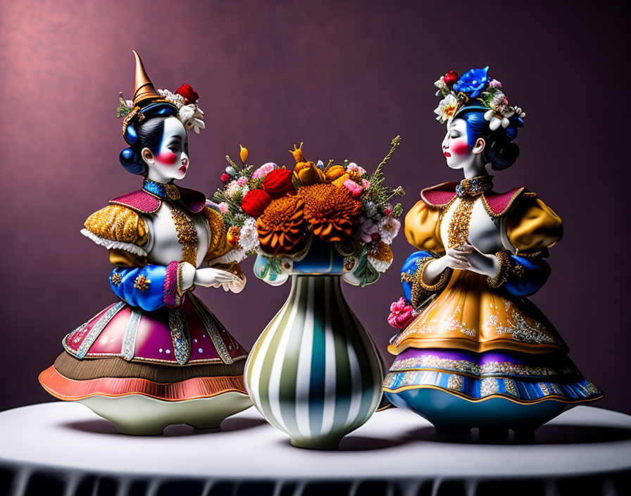 Porcelain figurines in traditional attire with striped vase and colorful flowers on purple backdrop