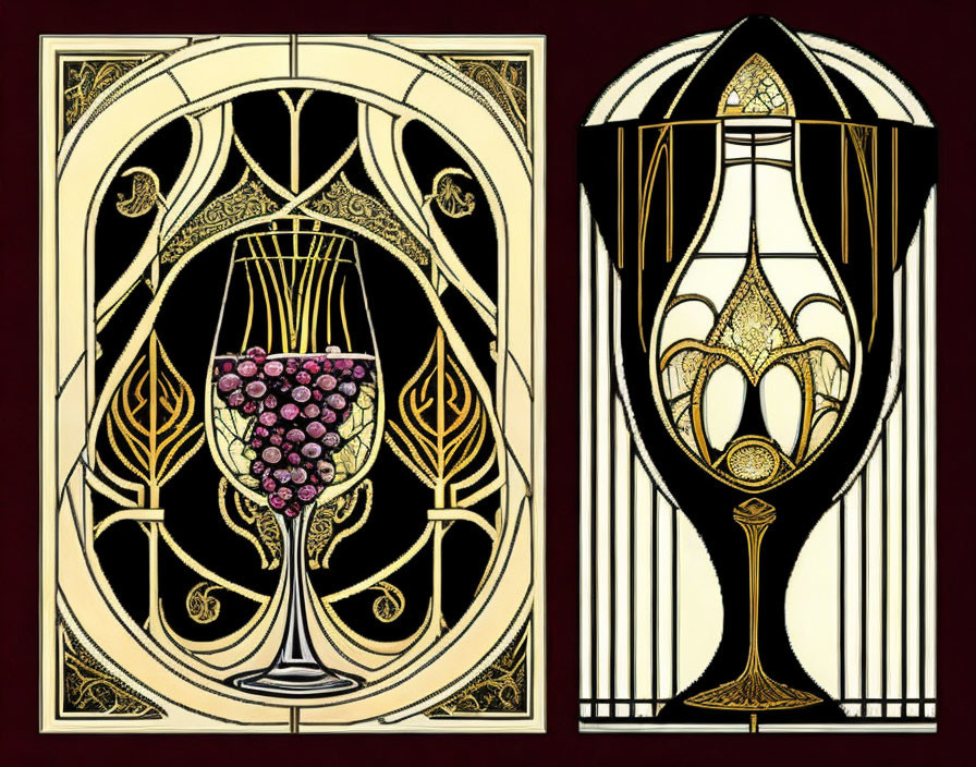 Art Nouveau-style illustration with wine glass, grapes, and gold-leaf designs