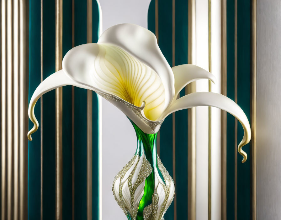 Stylized white and gold calla lily lamp on creamy striped background