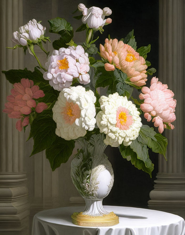 Classic Still Life Painting: Pale Pink and White Peonies in White Vase