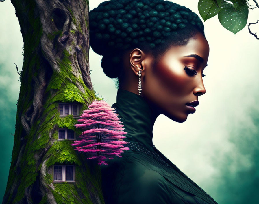 Profile view of woman with stylized braided hair merging into surreal tree with pink treehouse and foliage