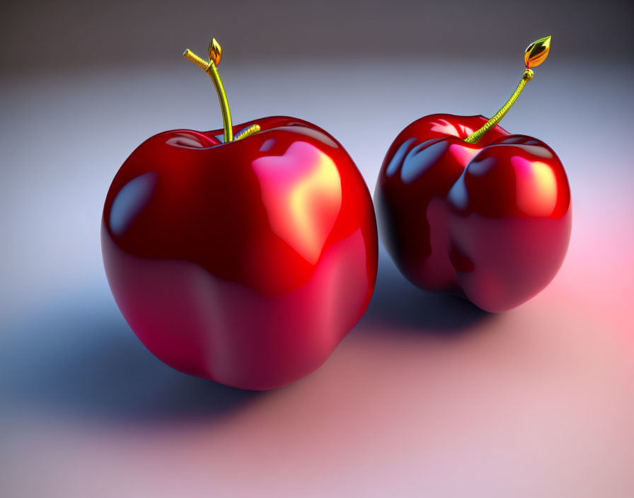 Red Apples with Stems and Leaves on Reflective Surface with Gradient Background