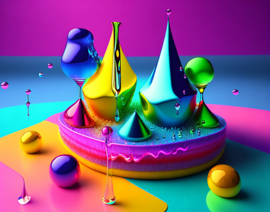 Vibrant 3D abstract illustration: cones, spheres, glossy textures on dual-tone backdrop