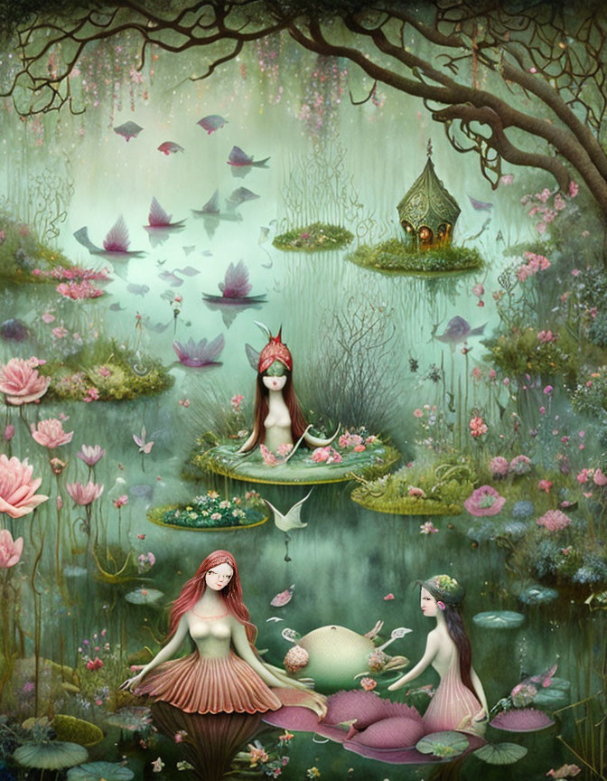 Mystical forest scene with ethereal women, lotus flowers, and lanterns