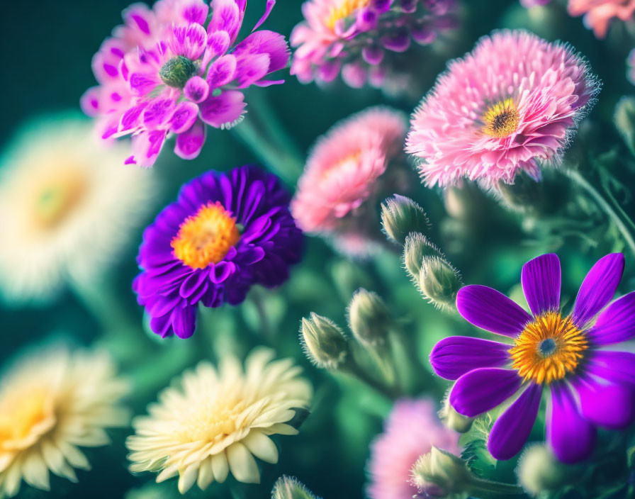 Colorful Pink and Purple Flower Arrangement on Dark Background