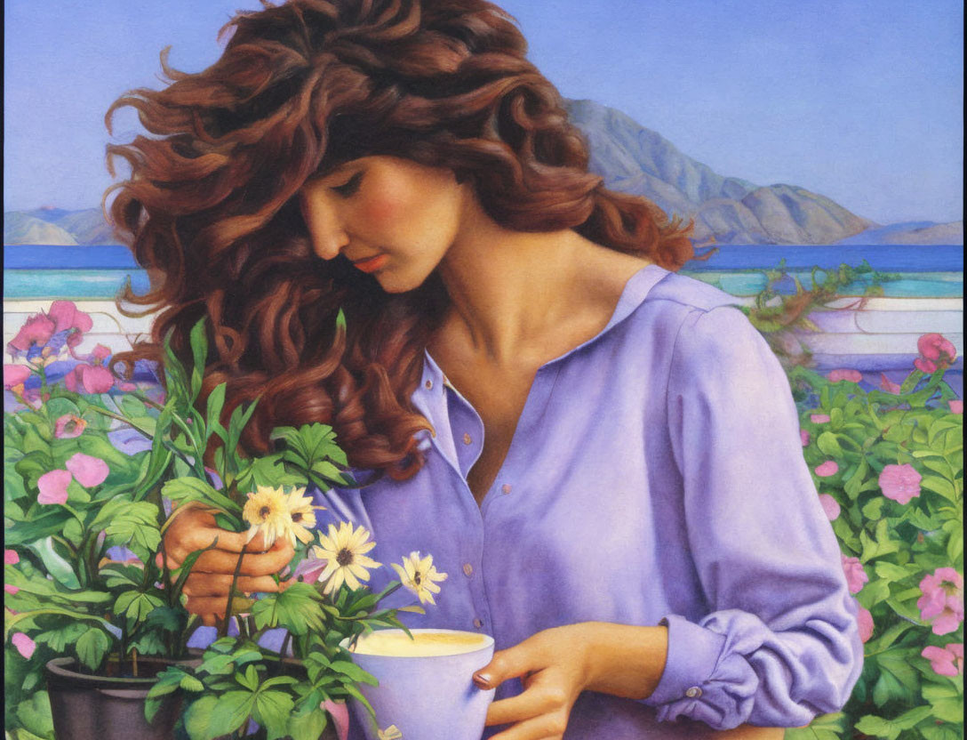 Woman with Wavy Brown Hair Examining Flowers by the Sea