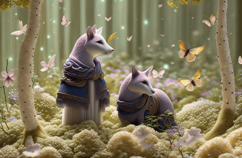 Anthropomorphic foxes in elegant attire in magical forest scene