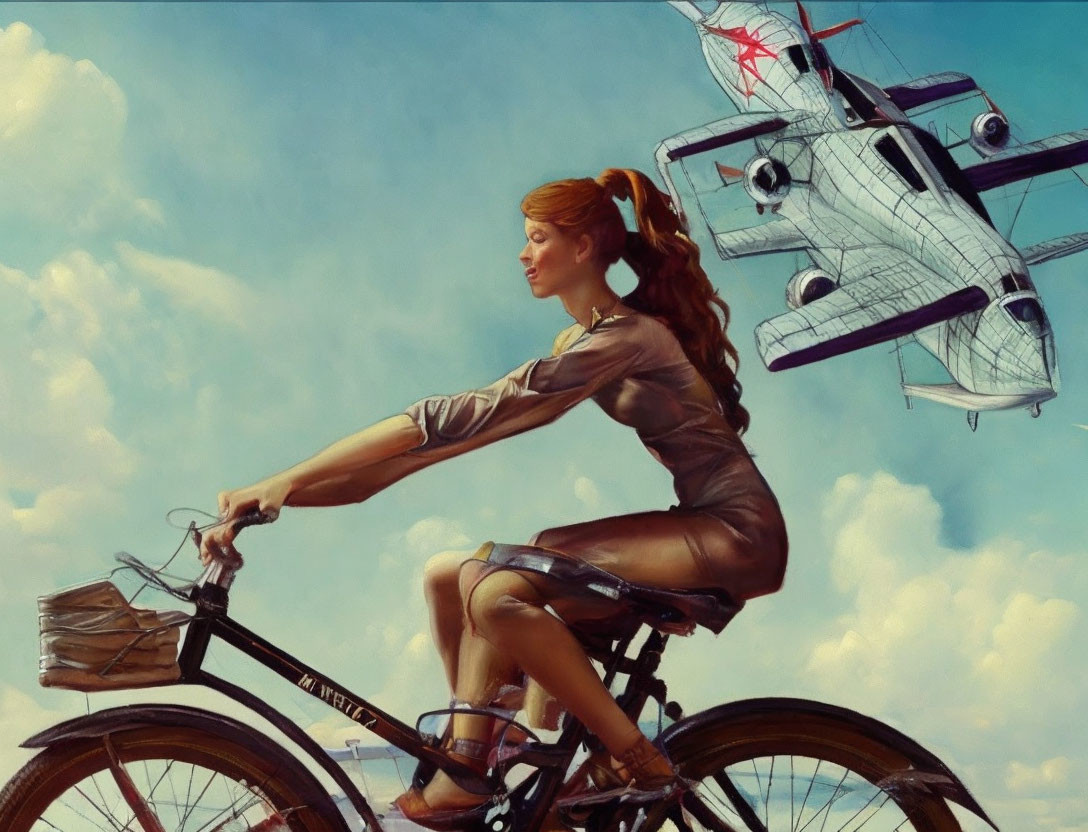 Woman with braid on bicycle looks back at biplane in cloudy sky