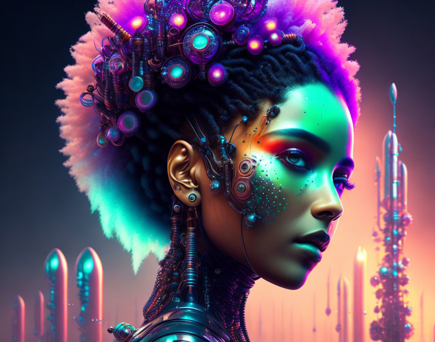 Futuristic portrait of a woman with cybernetic enhancements in neon colors