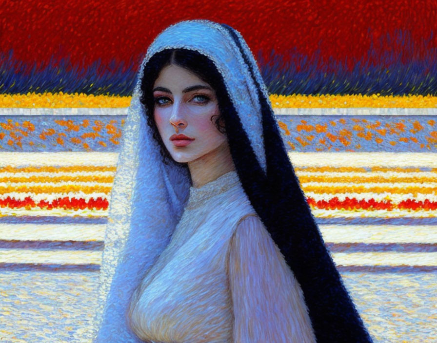 Vibrant painting of woman in blue headscarf and white dress against textured background