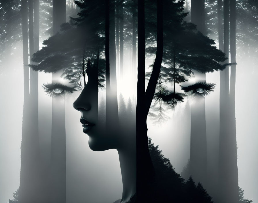 Monochrome silhouette of woman's profile in misty forest double exposure