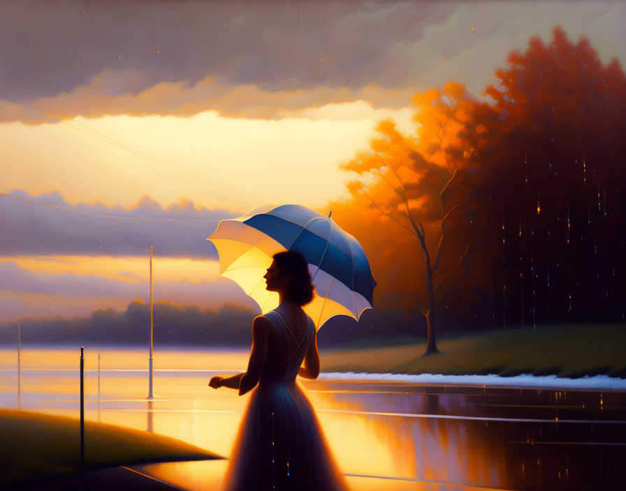 Woman with umbrella gazes at fiery sunset by lakeside in rain shower