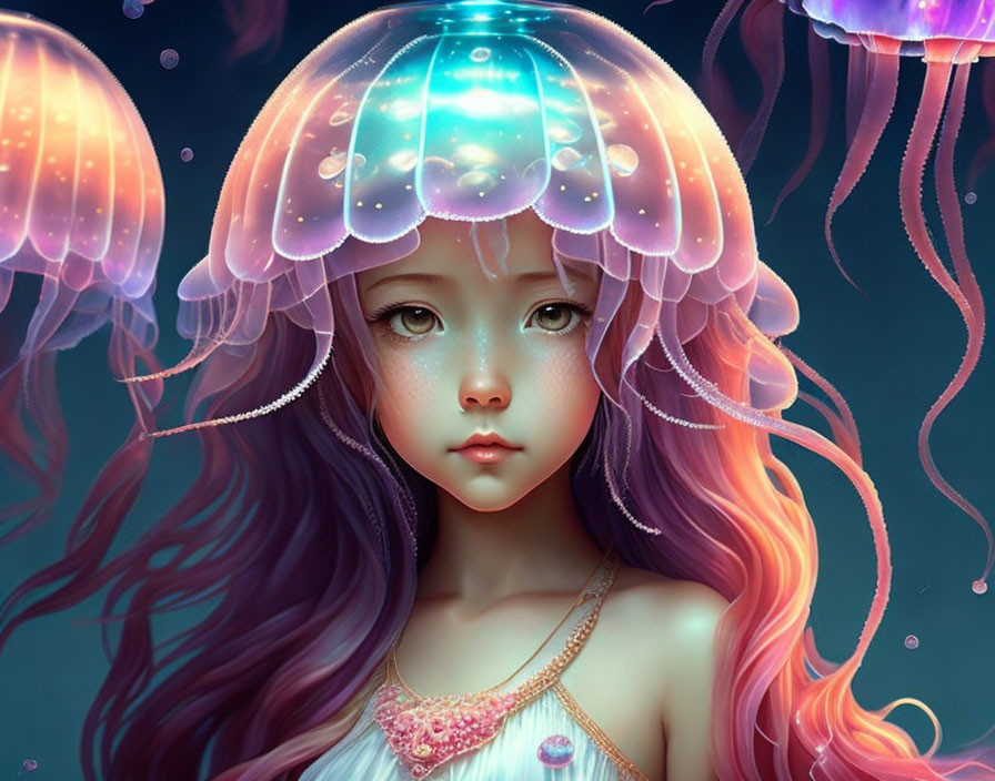 Illustration of girl with large eyes, ombre hair, jellyfish hat in underwater scene