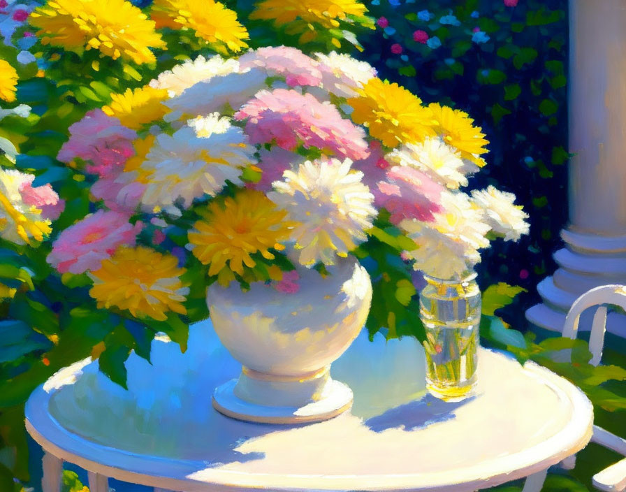 Vibrant pink and yellow flowers in a white vase on a table with sunlight.