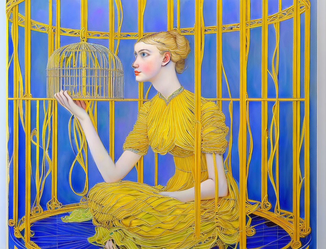 Woman in yellow dress by birdcage in surreal setting