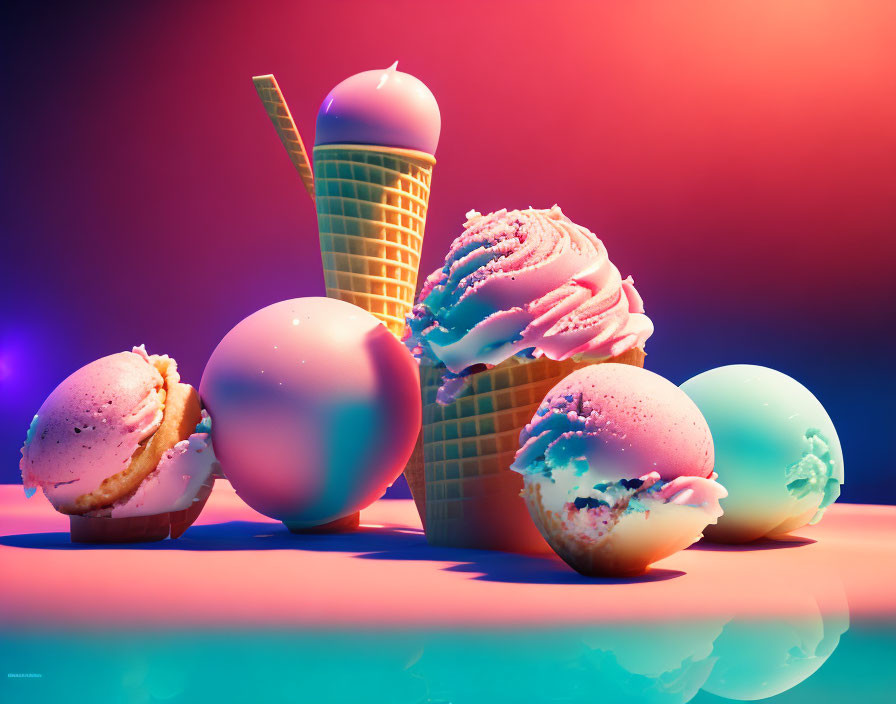 Vibrant ice cream scoops and cone on neon-lit background