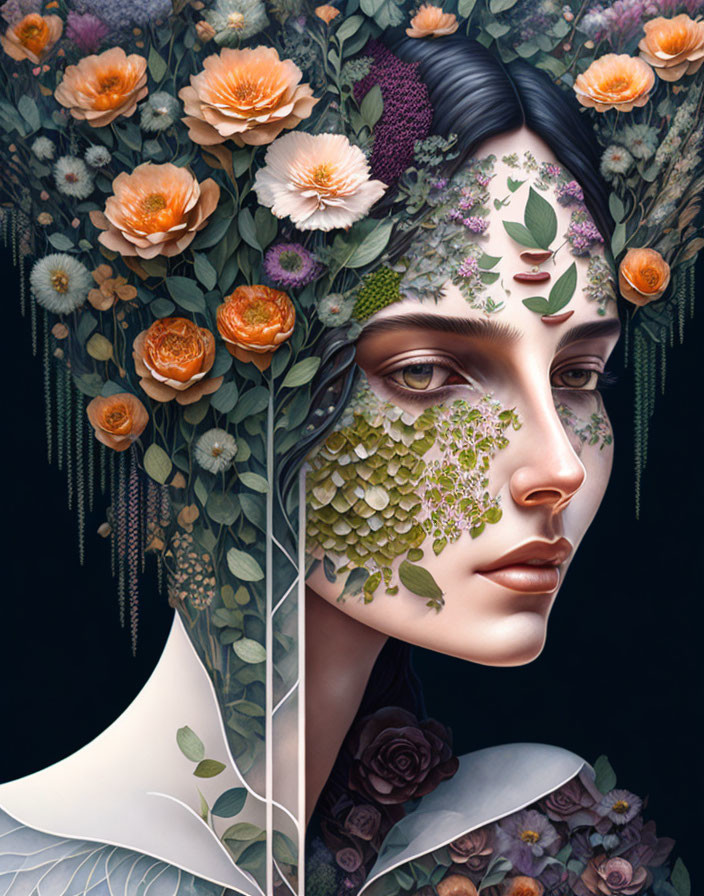 Surreal portrait of woman with floral face against dark background