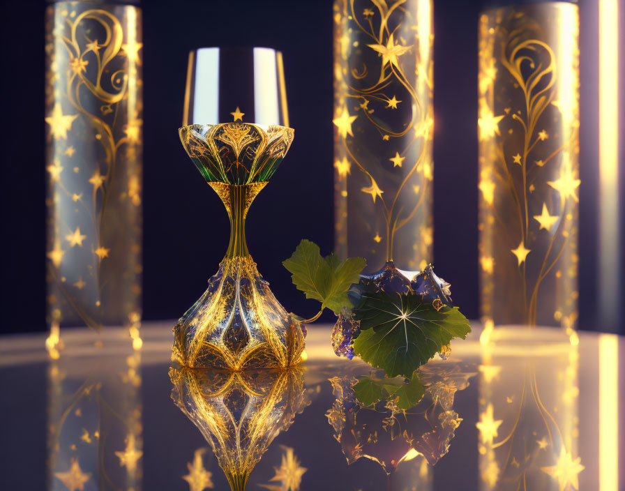 Golden glass with candles, star lights, and grape leaves on reflective surface