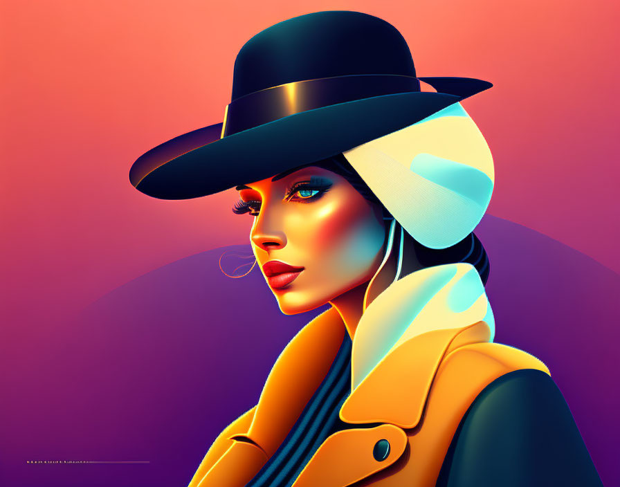 Colorful digital portrait of a woman in a bold hat with striking contrasts.