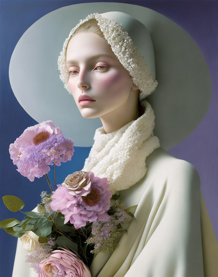 Woman in pastel outfit with headscarf holding pink flowers on blue background.