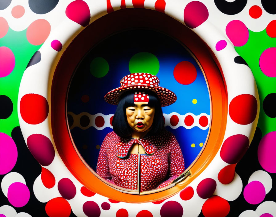 Woman in Red Polka Dot Outfit Framed Against Colorful Background