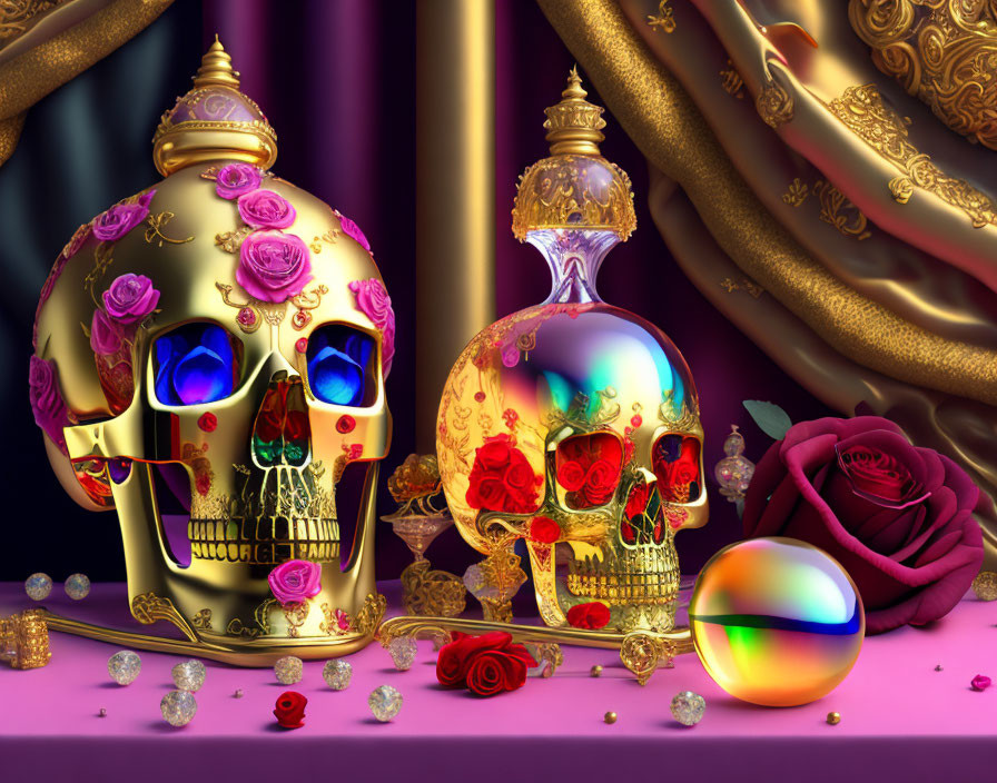 Golden Skull Decor with Roses on Purple Background, Skull Bottle, Red Rose, and Colorful Orb