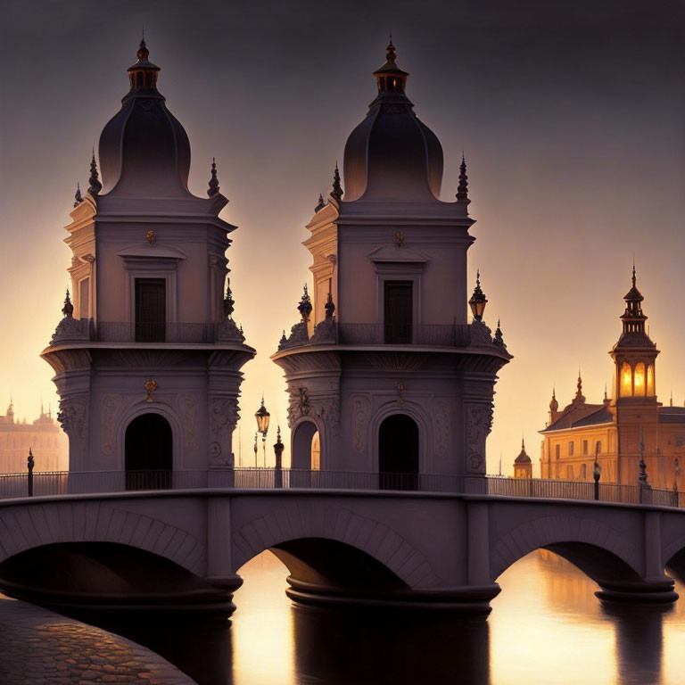 Baroque-style twin spired towers over calm waters at dusk