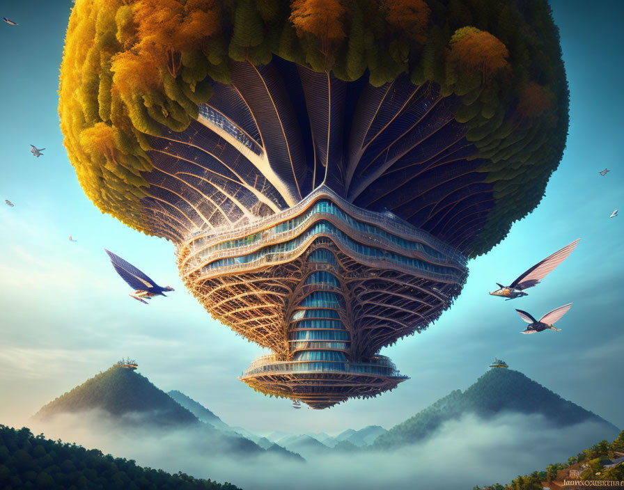 Fantastical inverted tree-like structure with balconies above misty mountains