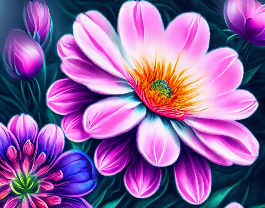 Colorful digital artwork: Large pink flower with golden center, purple blossoms, green foliage