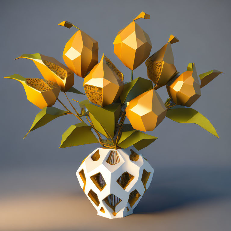 Geometric Low-Poly Lemon Tree in Honeycomb Vase